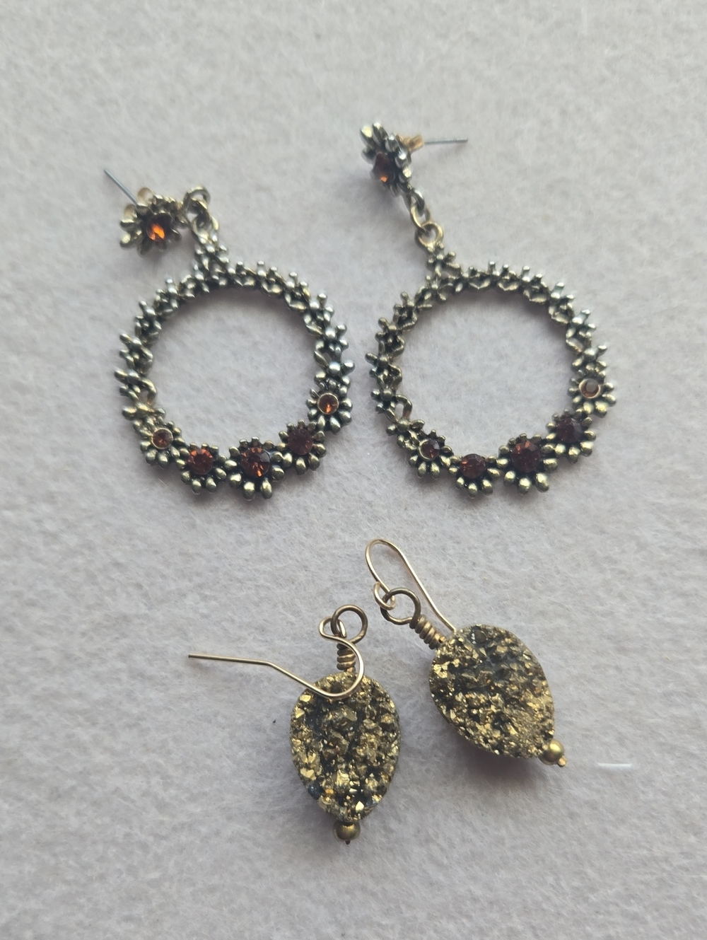 Gold-Tone Floral Hoop Earrings with Amber Accents And Druzy Pair Goldtone
